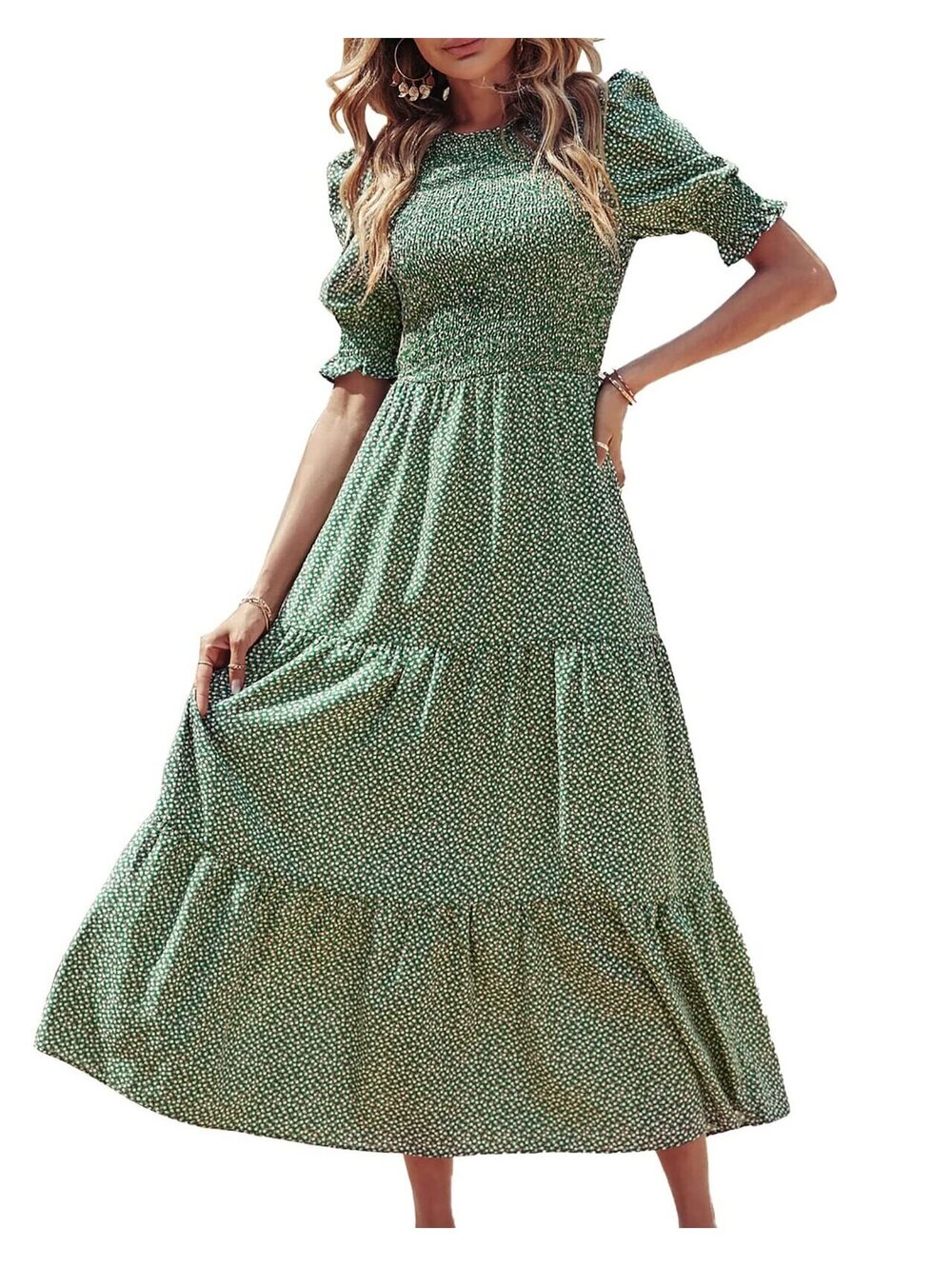 BTFBM NWT Smocked Midi Dress Womens Small Green Ditsy Floral Puff Sleeve Tiered